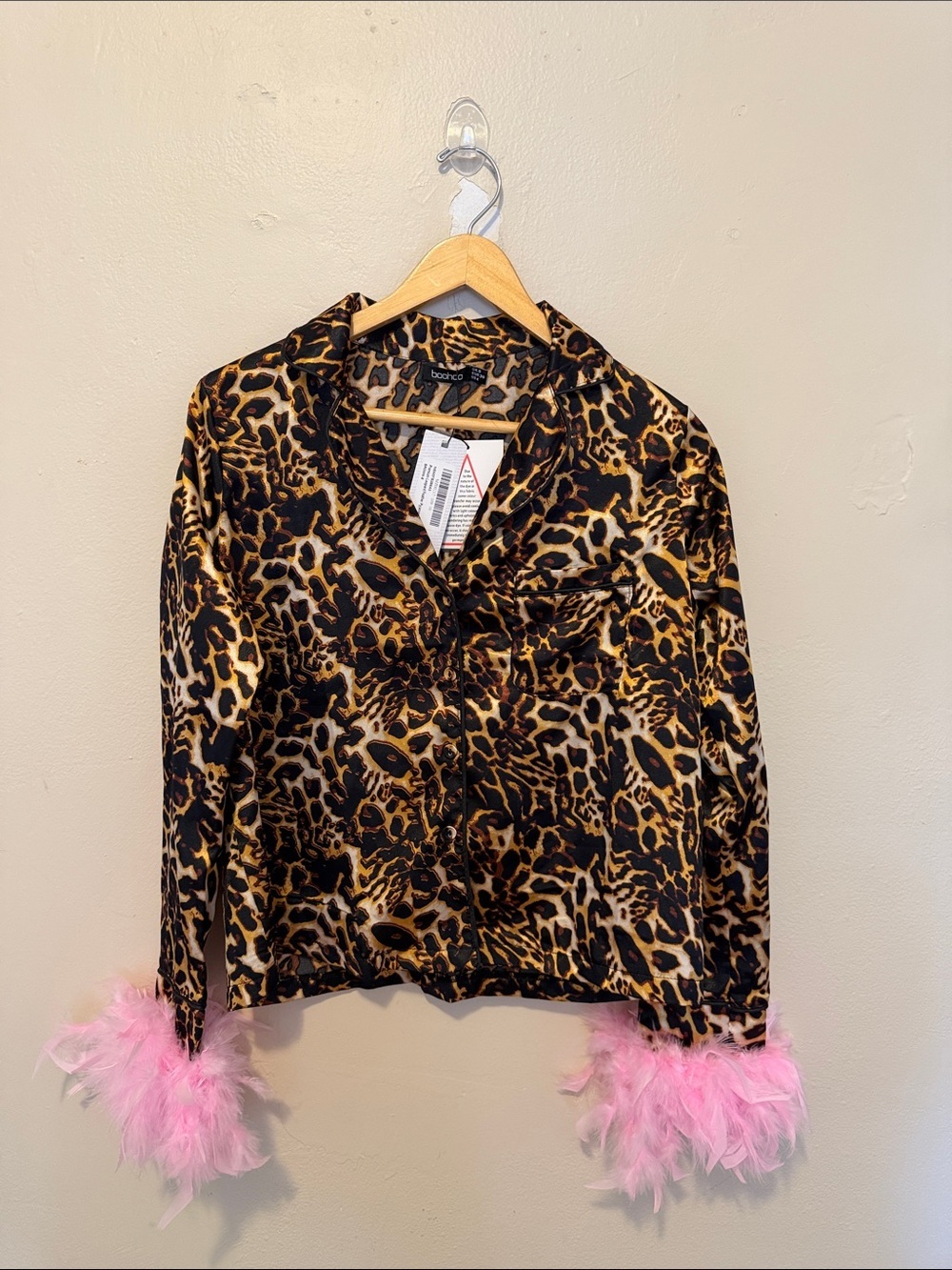 Boohoo Leopard Print Jacket with Pink Feather Cuffs